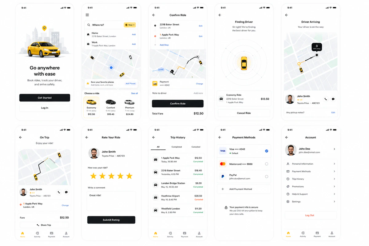 Taxi booking mobile app design preview